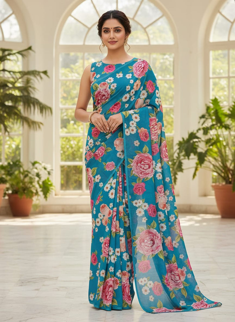 Beautiful Multicolour Anemone Roses Digital Printed Fabric - Silk Crepe