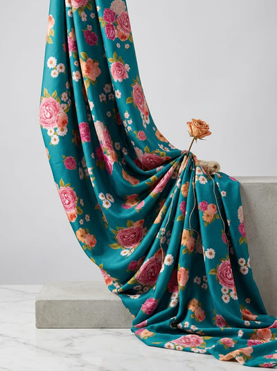 Teal Lush Garden Floral Upada Silk Digital Printed Fabric
