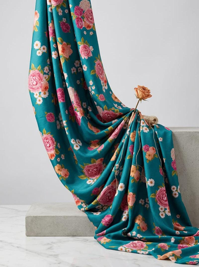 Teal Lush Garden Floral Upada Silk Digital Printed Fabric