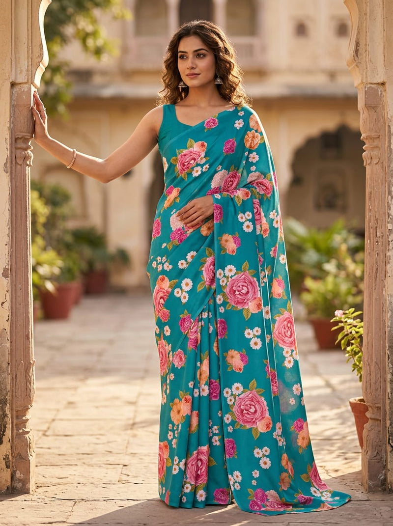 Teal Lush Garden Floral Upada Silk Digital Printed Fabric