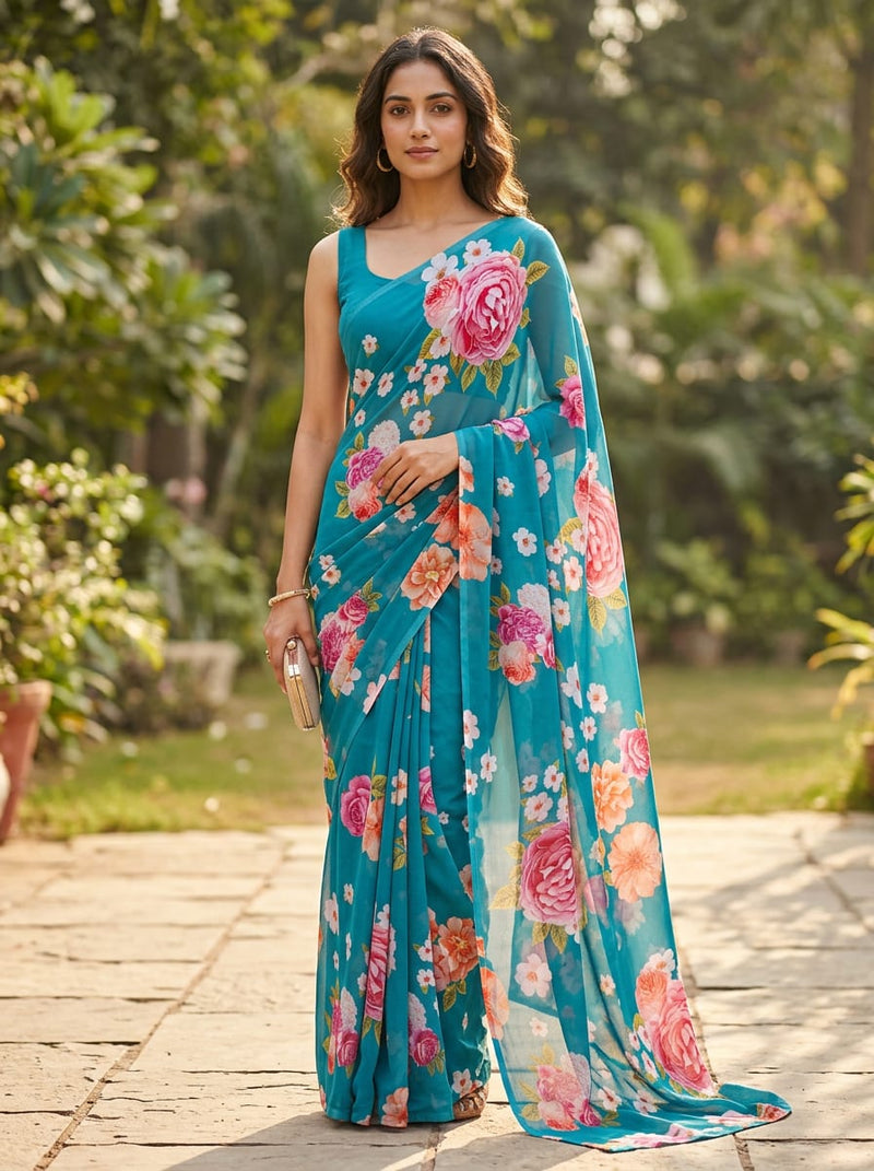 Teal Lush Garden Floral Pure Georgette Digital Printed Fabric