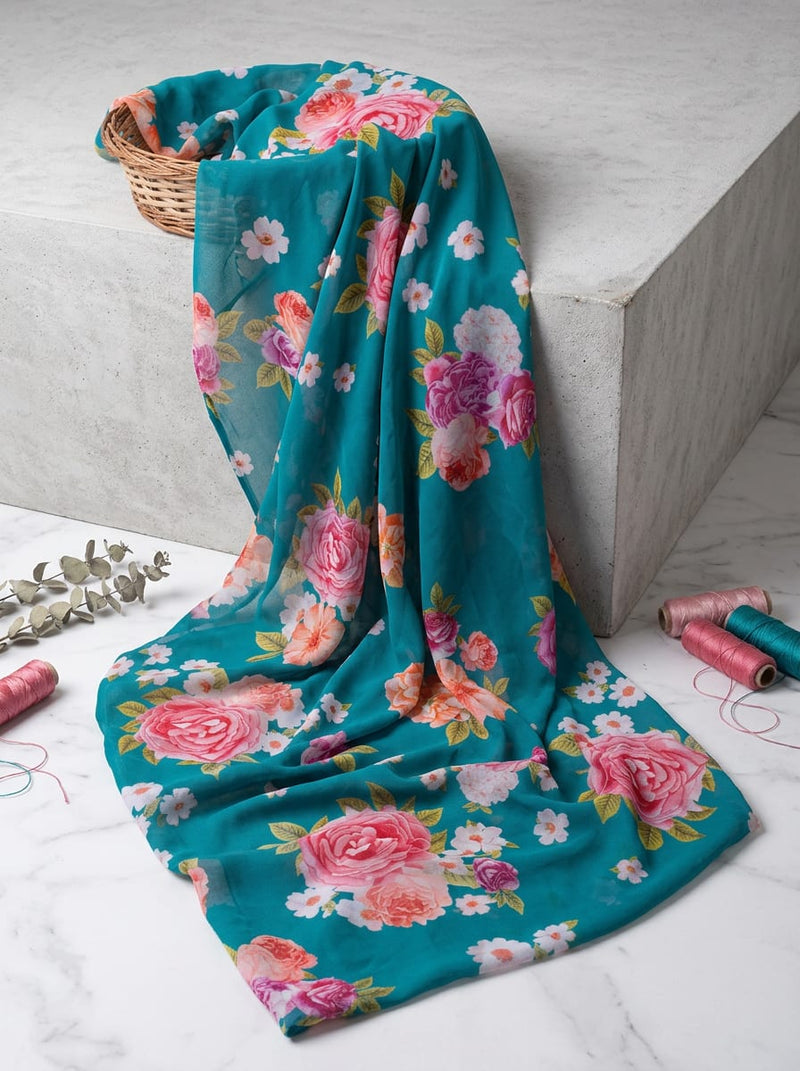Teal Lush Garden Floral Pure Georgette Digital Printed Fabric