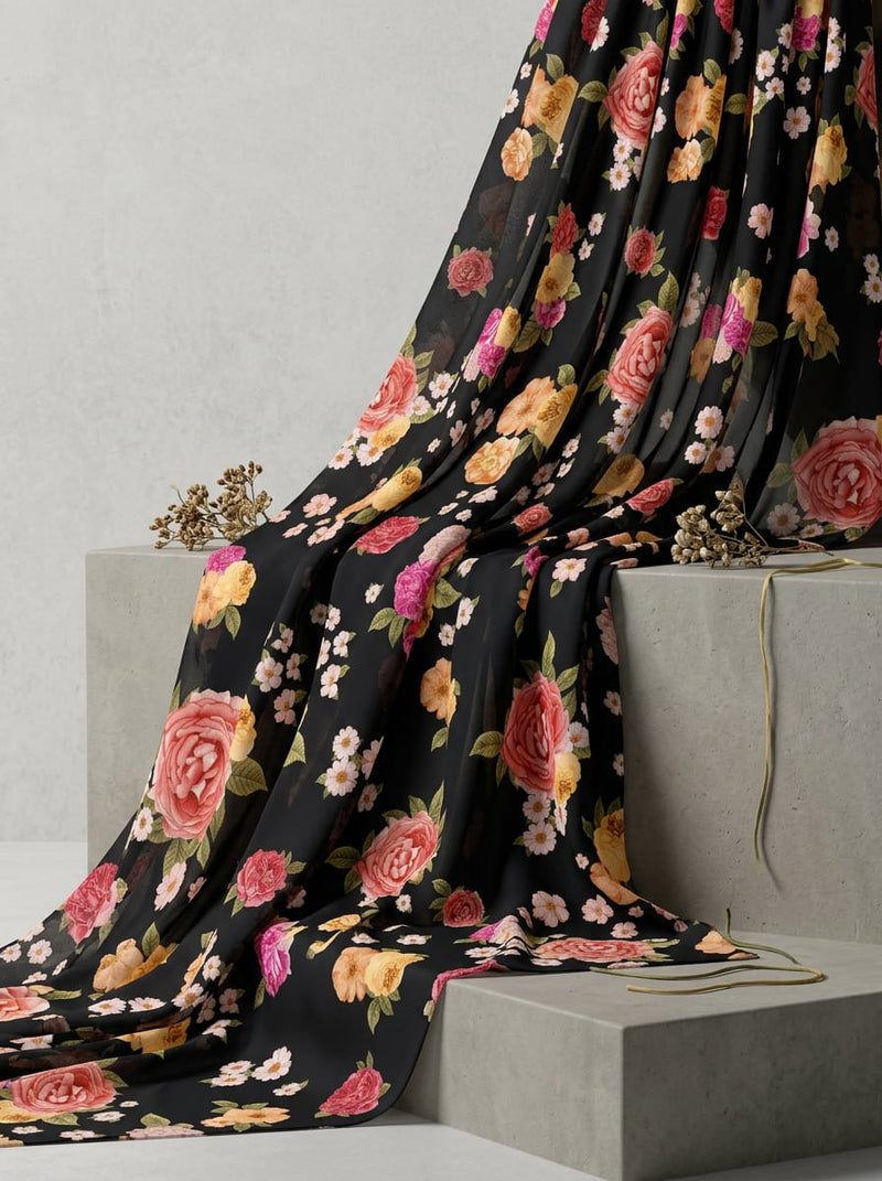 Black Colorful Roses and Daisies Floral Weightless Digital Printed Fabric