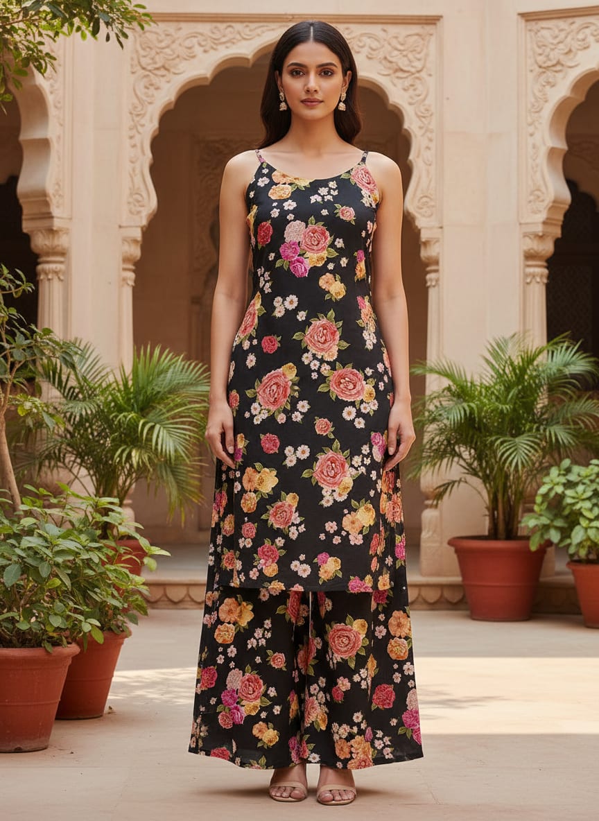 Multicolour Anemone Roses With Digital Printed Fabric - Poly Muslin