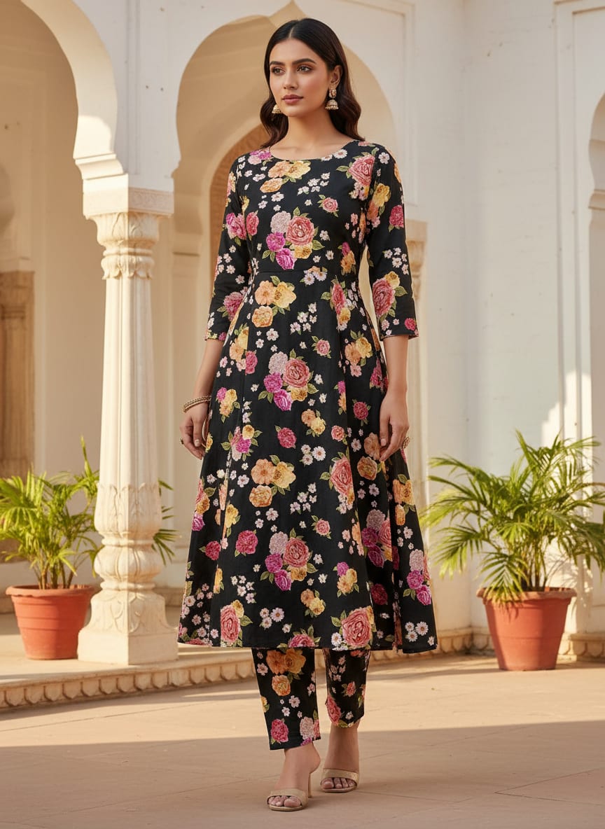 Multicolour Anemone Roses With Digital Printed Fabric - Poly Muslin