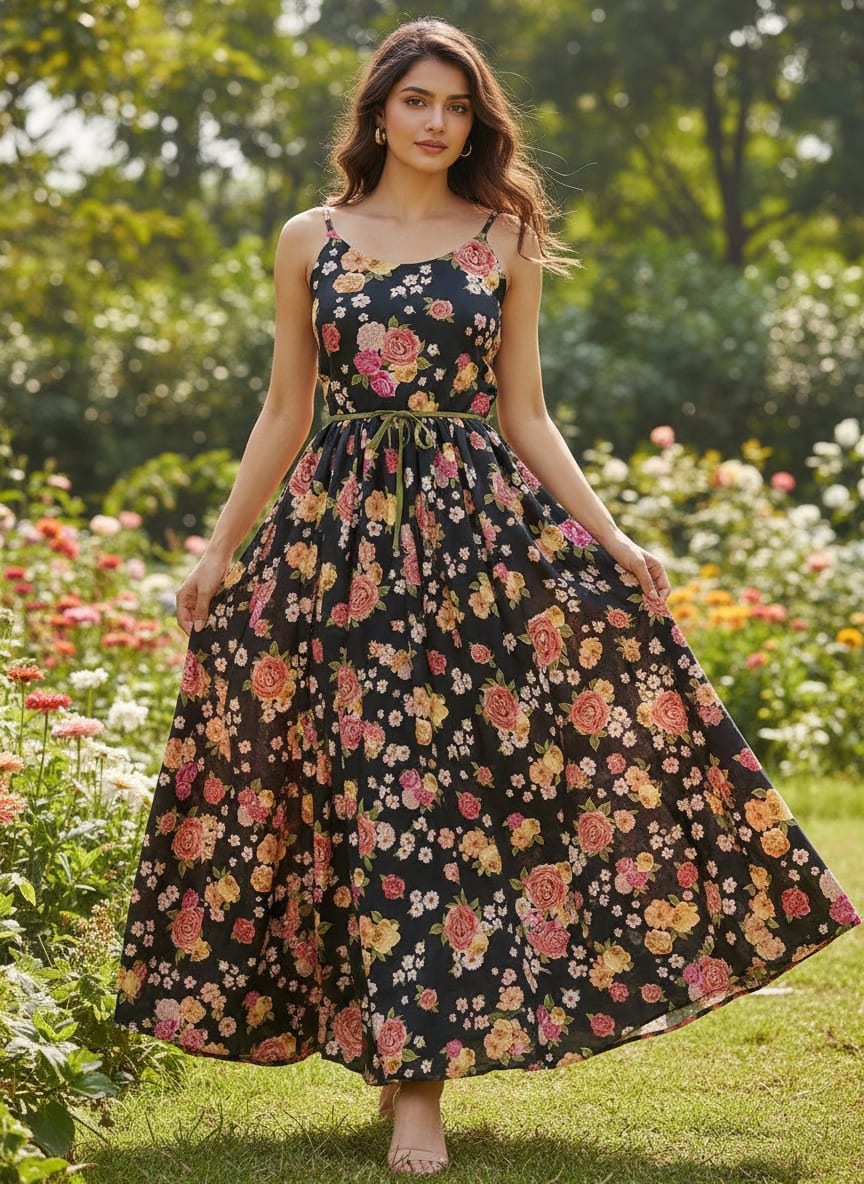 Multicolour Anemone Roses With Digital Printed Fabric - Poly Muslin