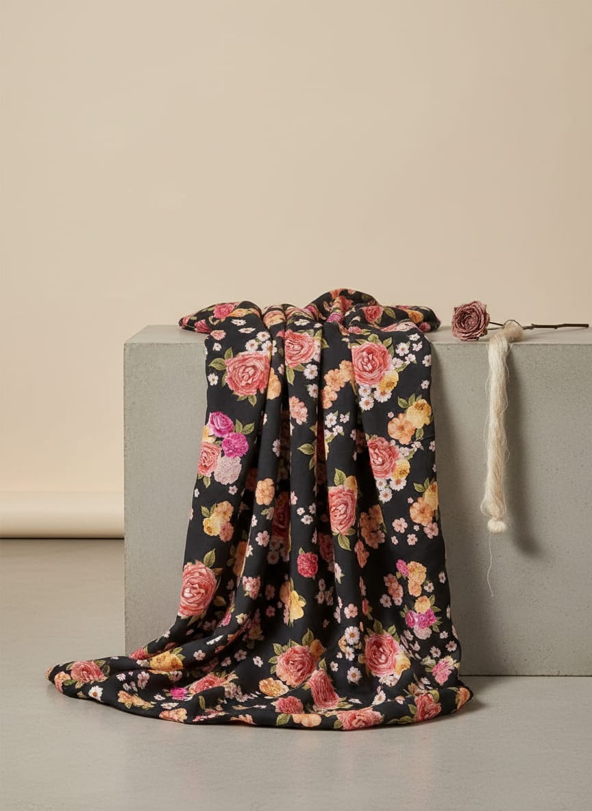 Multicolour Anemone Roses With Digital Printed Fabric - Poly Muslin