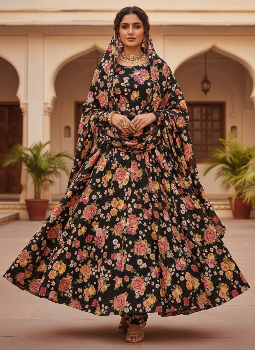 Multicolour Anemone Roses With Digital Printed Fabric - Silk Crepe