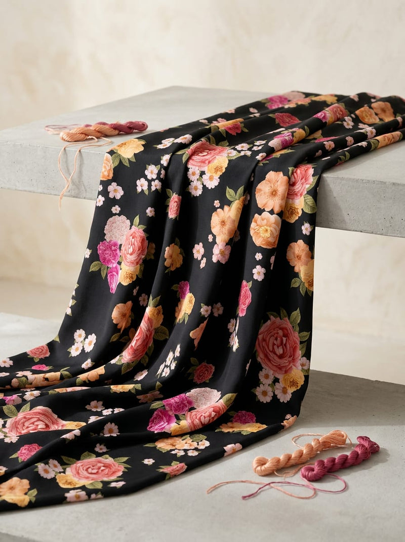 Black Lush Roses and Daisies Floral Silk Crepe Digital Printed Fabric