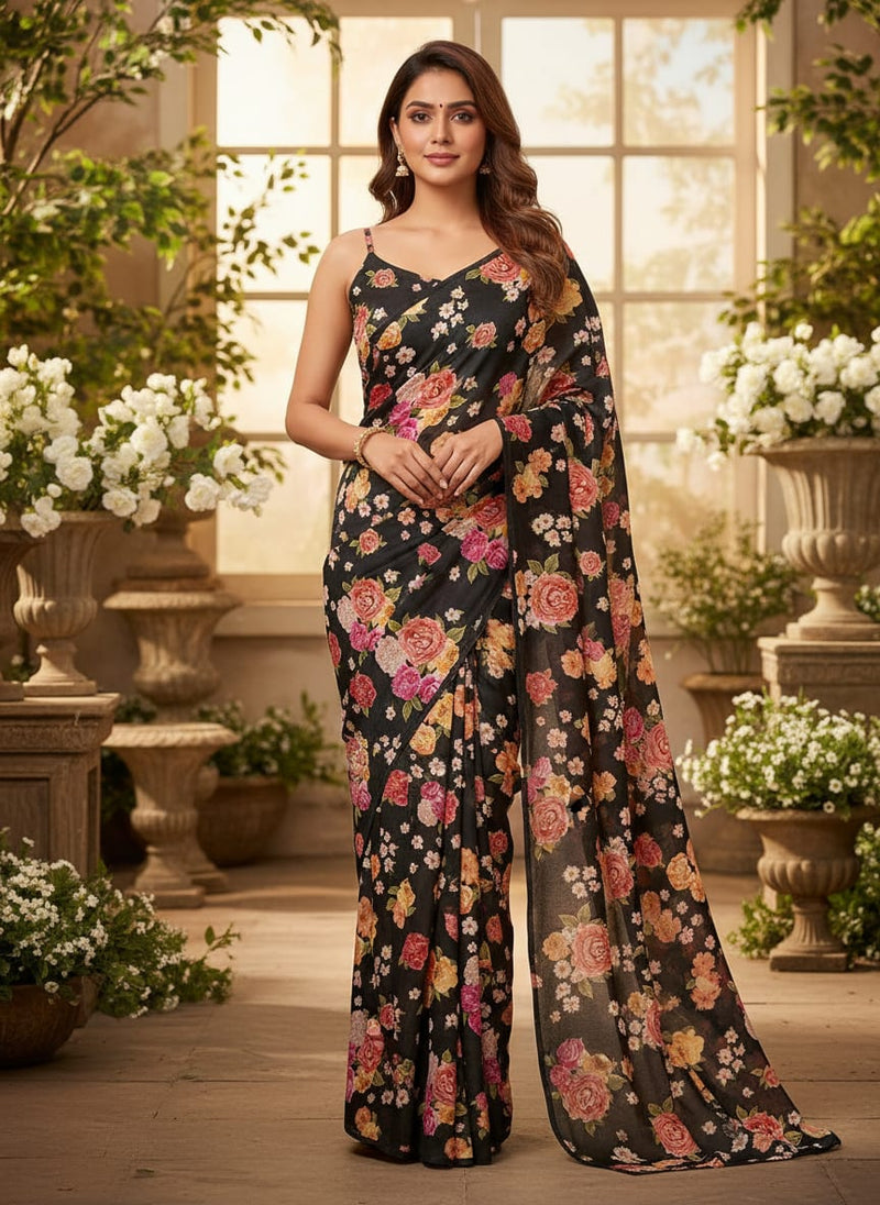 Multicolour Anemone Roses With Digital Printed Fabric - Silk Crepe