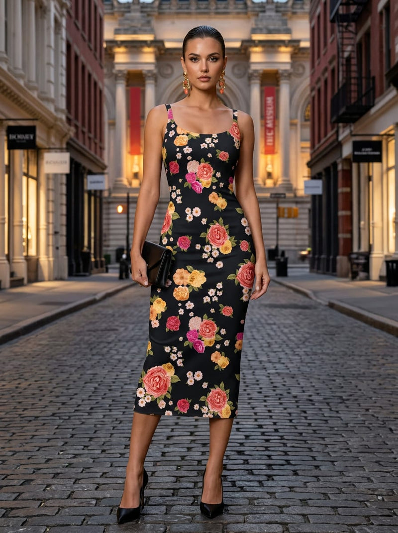 Black Lush Roses and Daisies Floral Silk Crepe Digital Printed Fabric