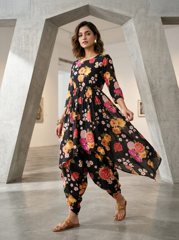 Black Colorful Roses and Daisies Floral Pure Muslin Digital Printed Fabric - Asymmetric Tunic with Dhoti Pants Lookbook - PM-0-TA08277P4-110 - alternate view