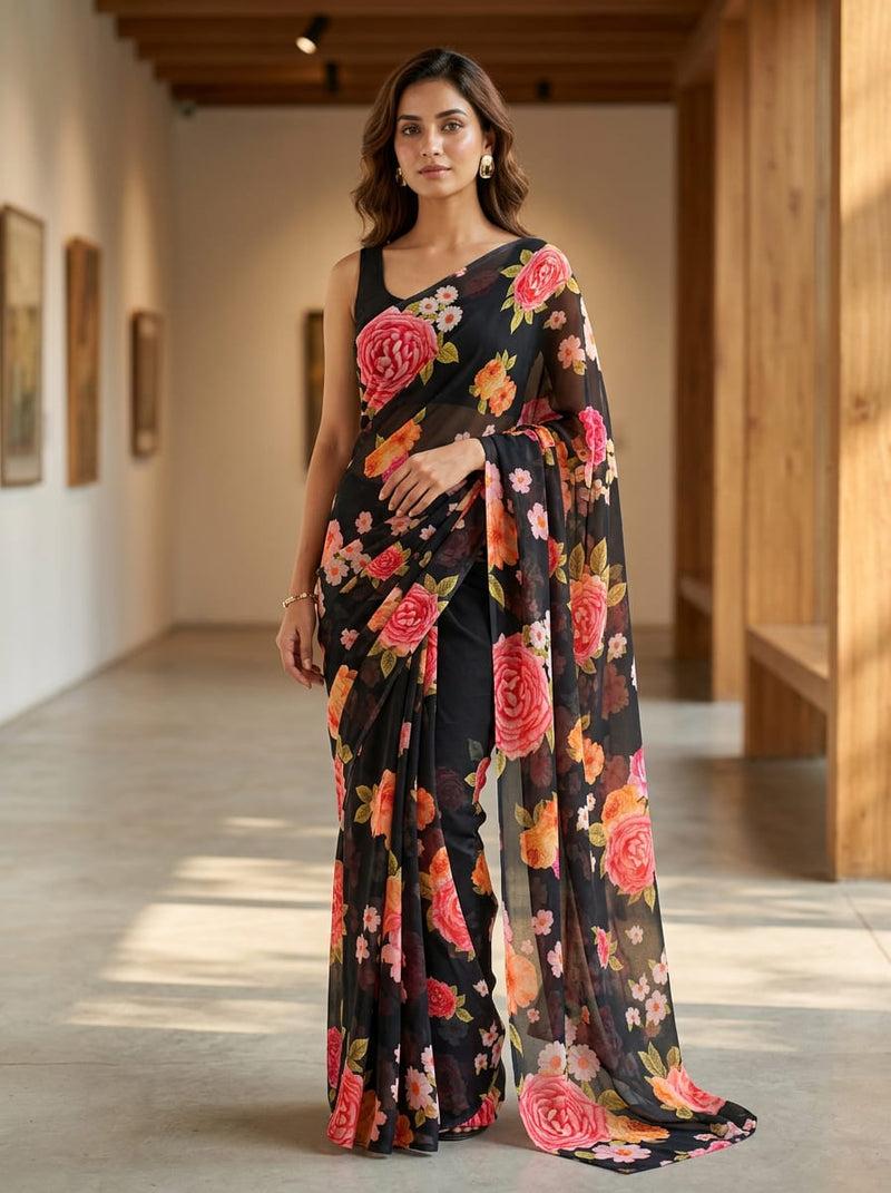 Multicolor Vibrant Roses and Daisies Floral Pure Georgette Digital Printed Fabric