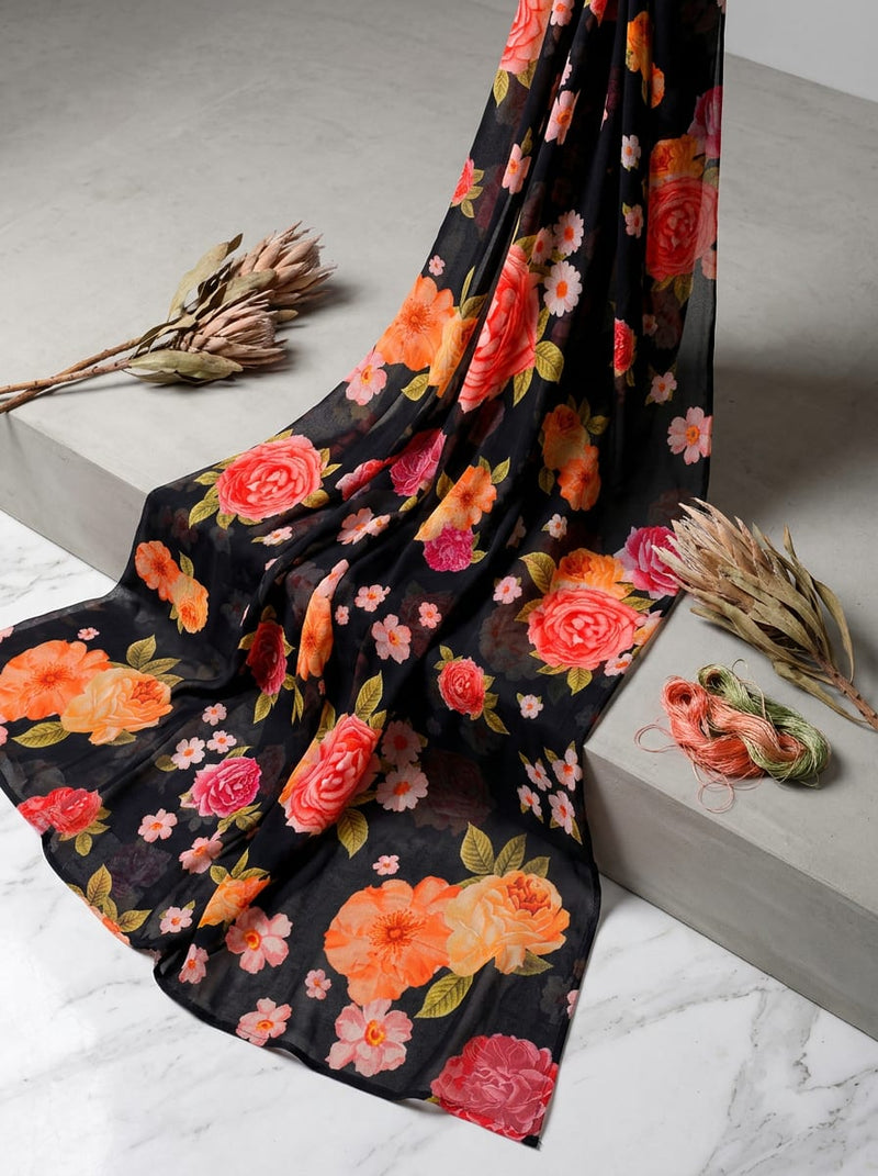 Multicolor Vibrant Roses and Daisies Floral Pure Georgette Digital Printed Fabric