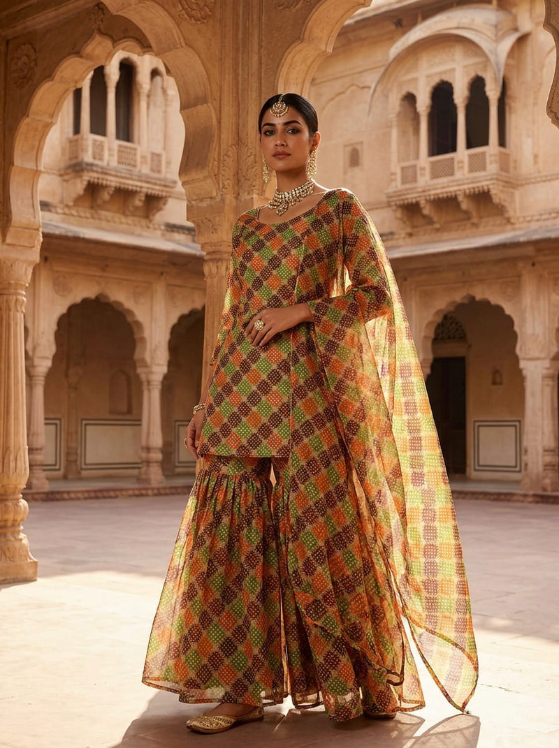 Multicolor Ethnic Geometric Diamond Organza Digital Printed Fabric