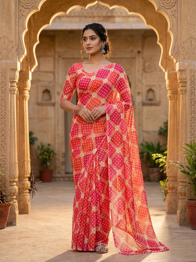 Red Ethnic Bandhani Floral Check Weightless Digital Printed Fabric
