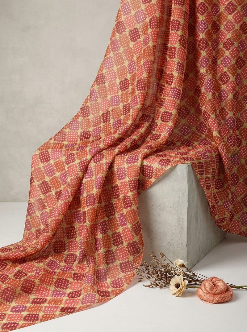 Multicolor Ethnic Geometric Diamond Pattern Organza Digital Printed Fabric