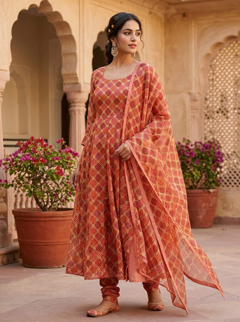 Multicolor Ethnic Geometric Diamond Pattern Organza Digital Printed Fabric