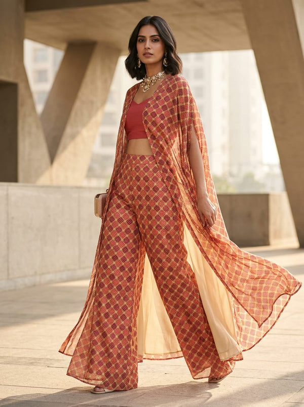 Multicolor Ethnic Geometric Diamond Pattern Organza Digital Printed Fabric - Cape with Palazzo Lookbook - OR-0-TA08278P4-110 - alternate view