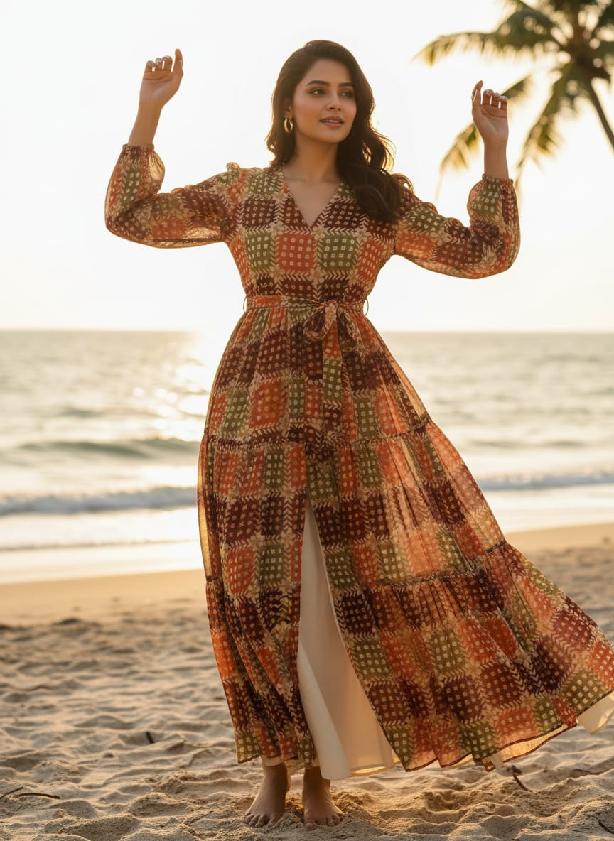 Multicolour With Flower Honeycomb Digital Printed Fabric - Pure Georgette