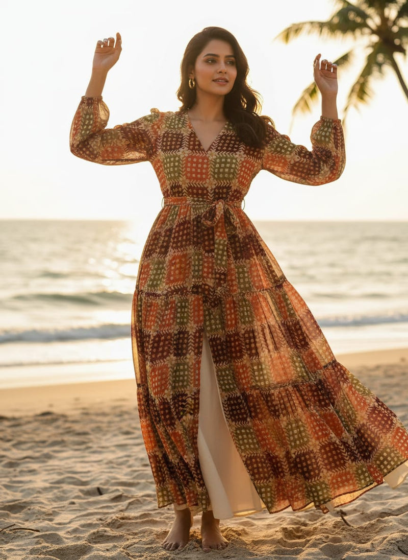 Multicolour With Flower Honeycomb Digital Printed Fabric - Pure Georgette