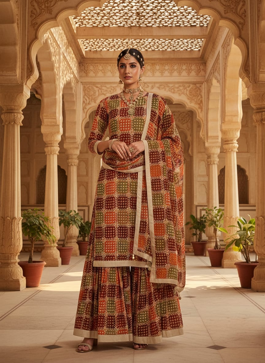 Multicolor Ethnic Bandhani Style Checkered Floral Pure Georgette Digital Printed Fabric