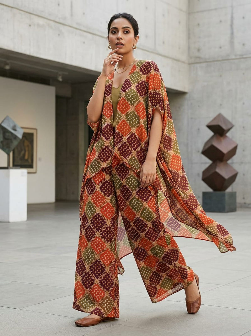 Multicolor Ethnic Bandhani Style Checkered Floral Pure Georgette Digital Printed Fabric
