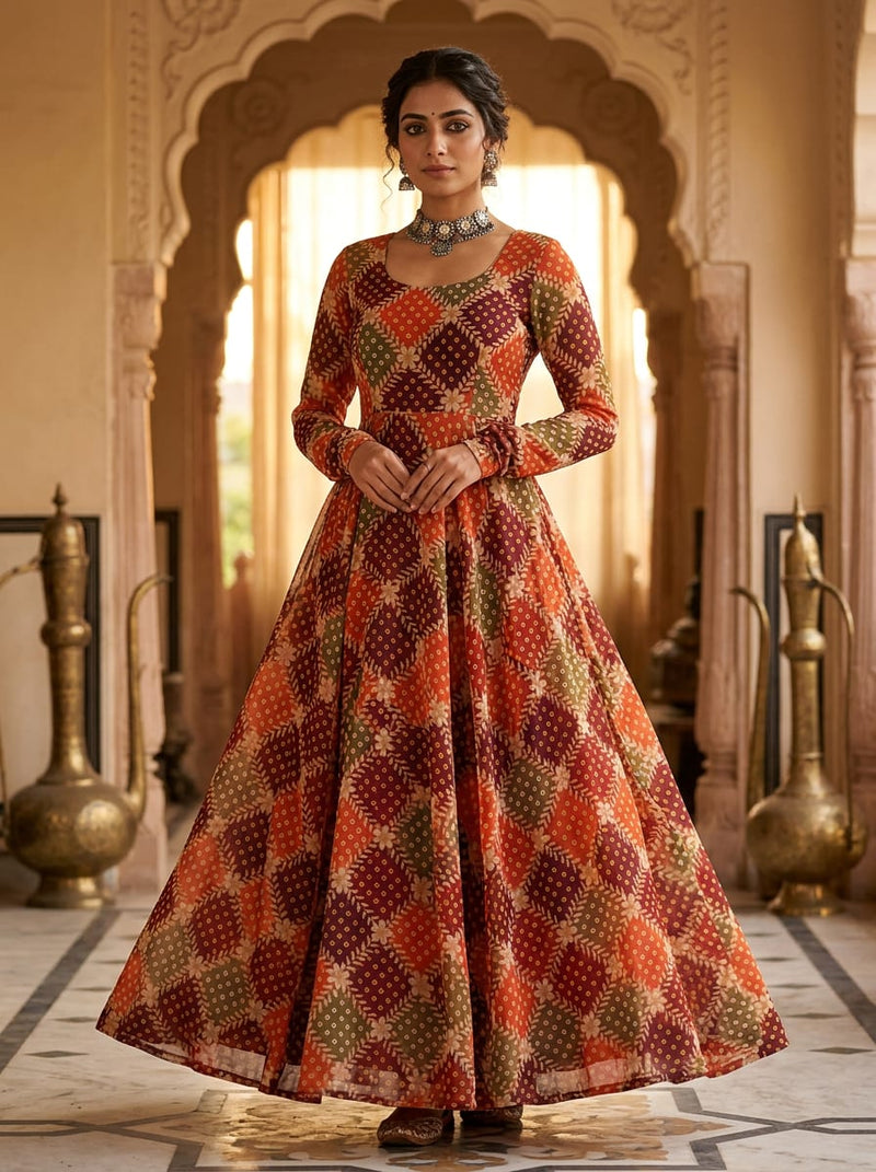 Multicolor Ethnic Bandhani Style Checkered Floral Pure Georgette Digital Printed Fabric