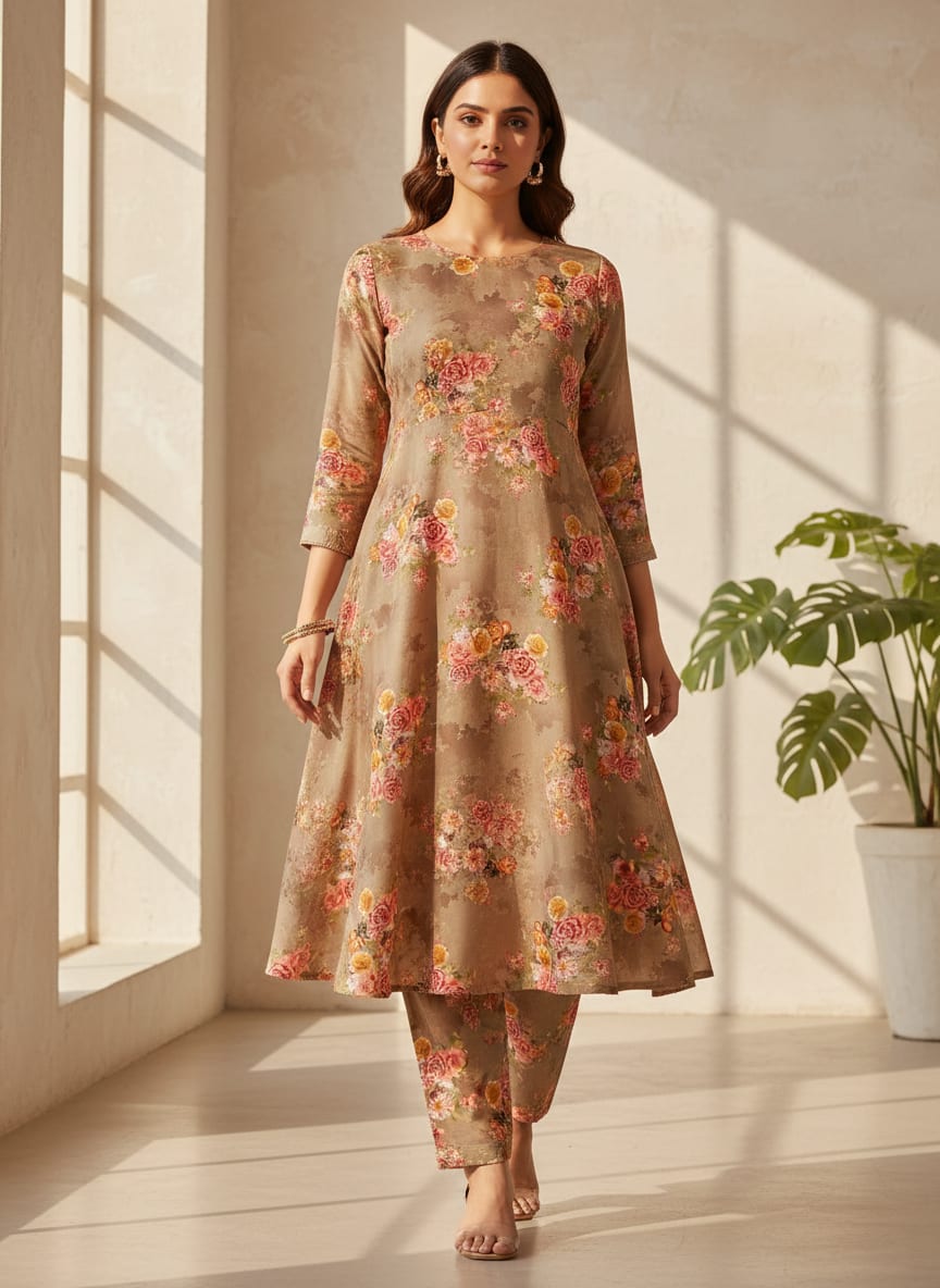 Brown Scattered Rose Bouquet Floral Muslin Digital Printed Fabric