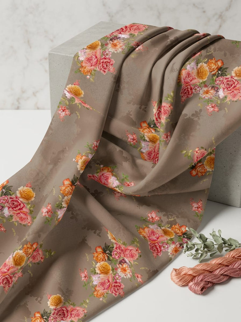Brown Scattered Rose Bouquet Floral Muslin Digital Printed Fabric