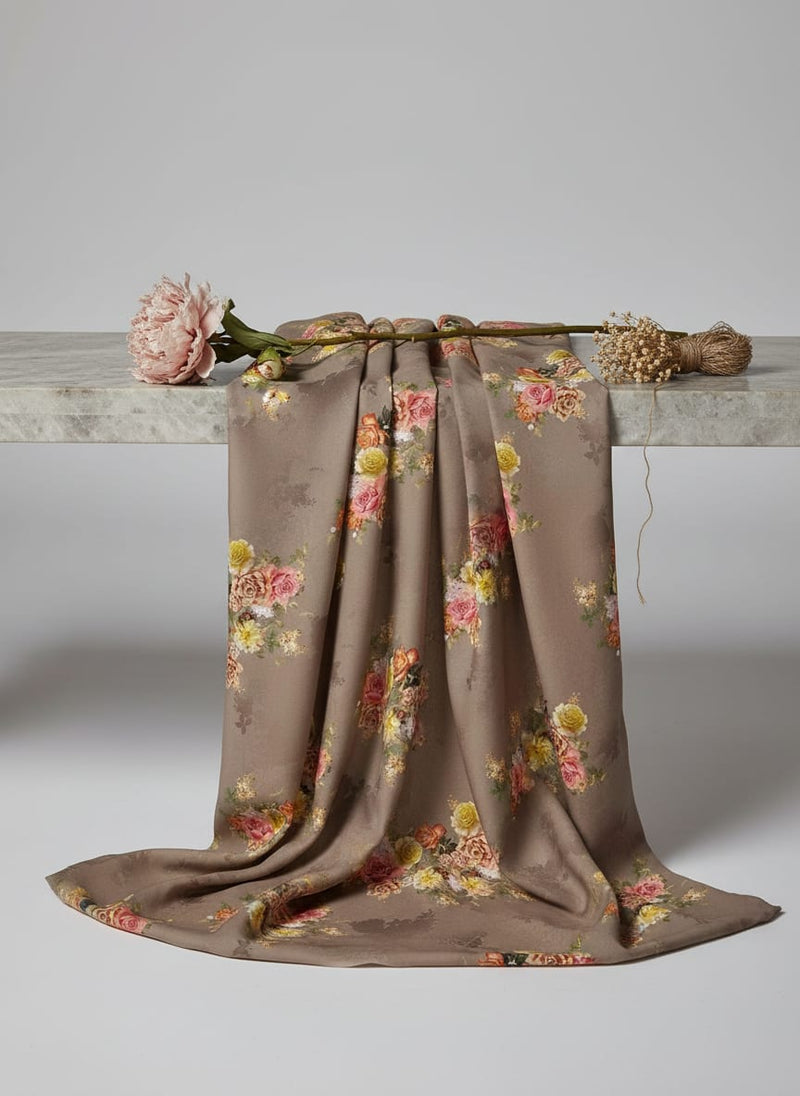 Lovely Yellow Roses With Jasmin Digital Printed Fabric - Japan Satin