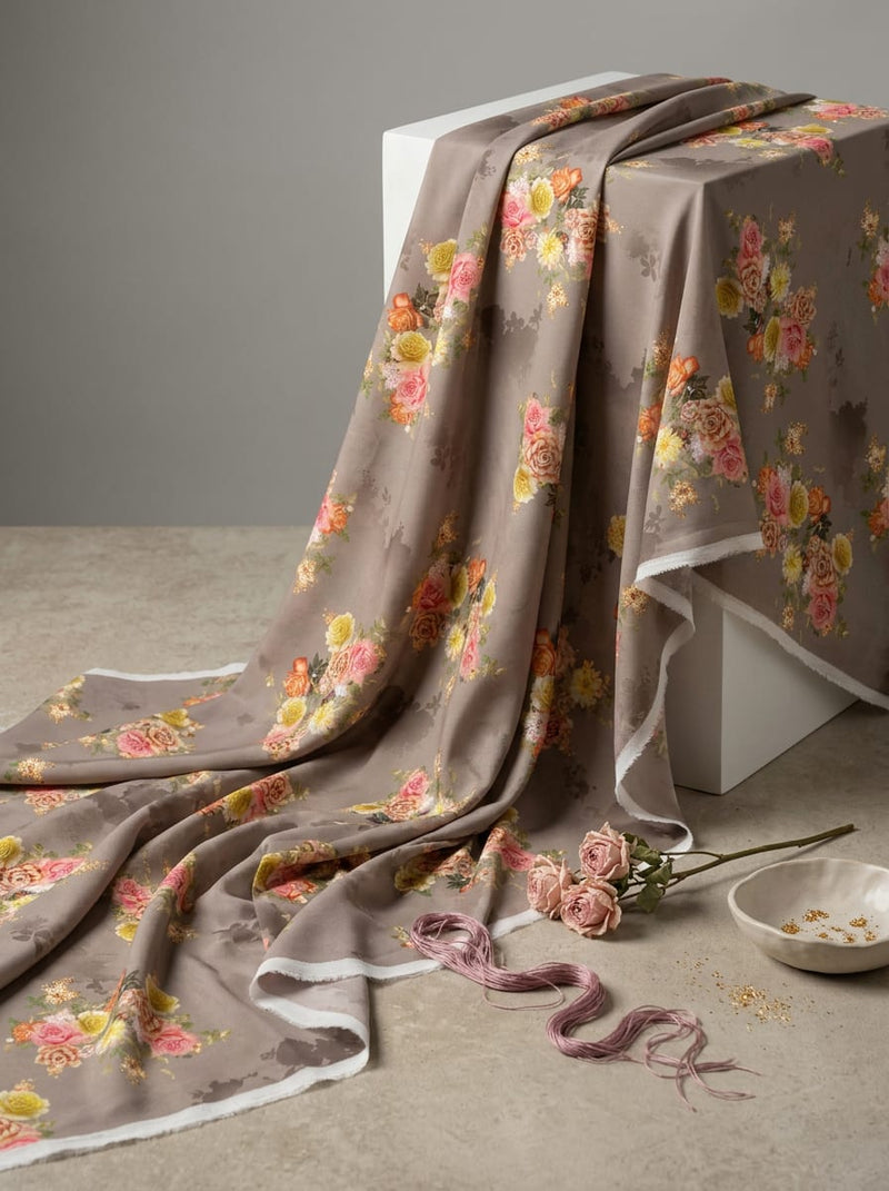 Multicolor Classic Rose Bouquet Floral Weightless Digital Printed Fabric