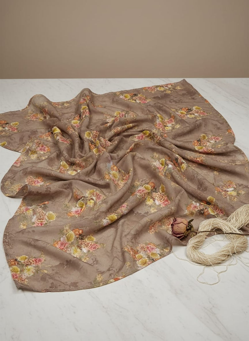 Lovely Yellow Roses With Jasmin Digital Printed Fabric - Poly Muslin