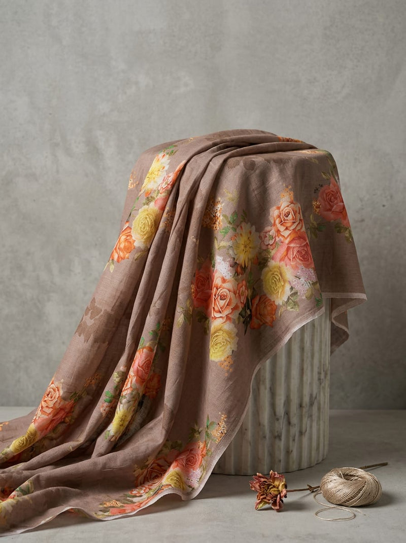 Brown Vintage Botanical Rose Print Pure Cotton Digital Printed Fabric