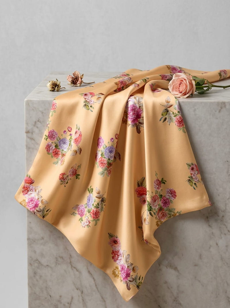 Peach Watercolor Floral Bouquet Japan Satin Digital Printed Fabric