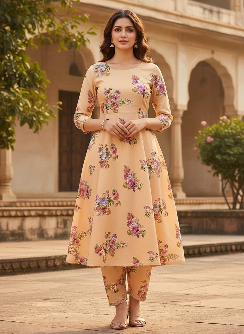 Apricot Light Watercolour Flower Digital Printed Fabric - Kora Silk