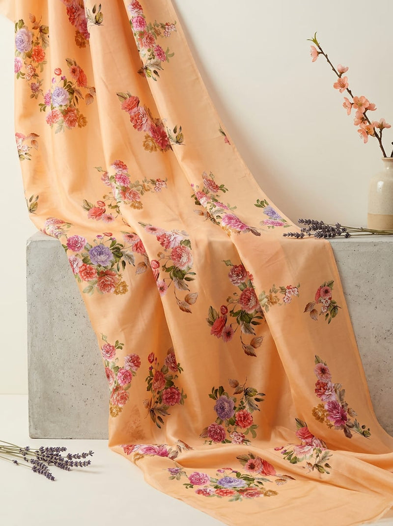 Peach Watercolor Floral Bouquet Kora Silk Digital Printed Fabric