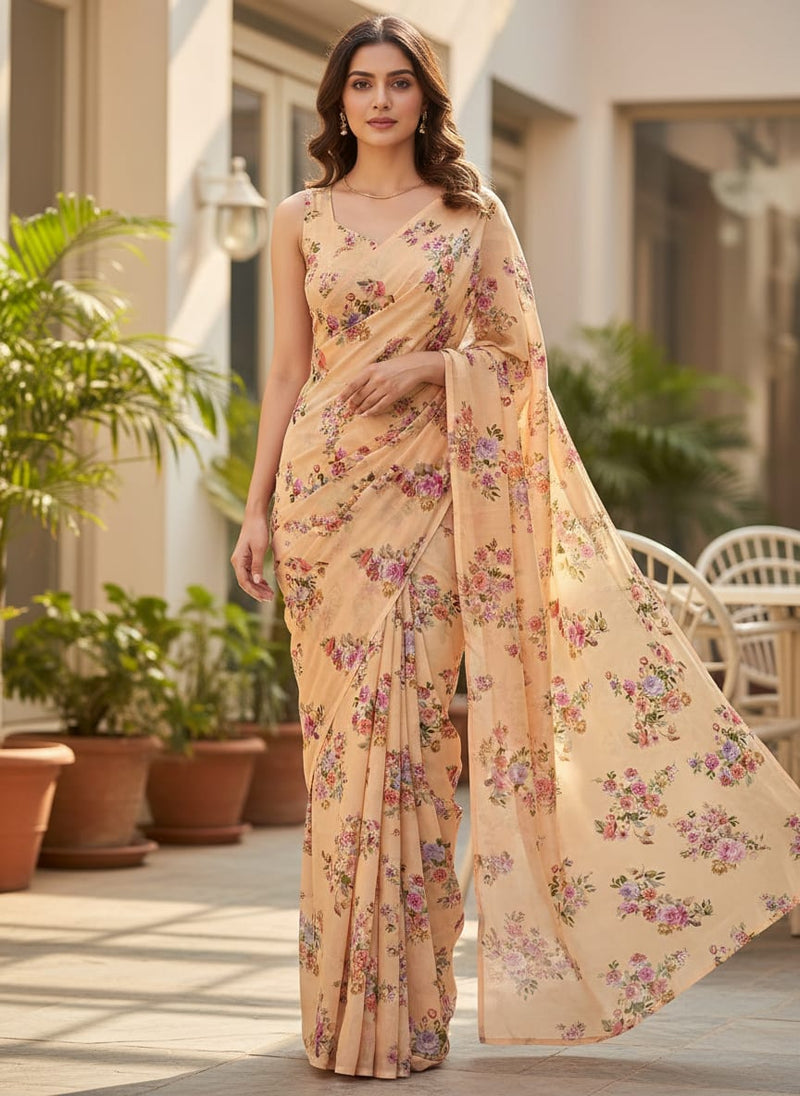 Apricot Light Watercolour Flower Digital Printed Fabric - Kora Silk