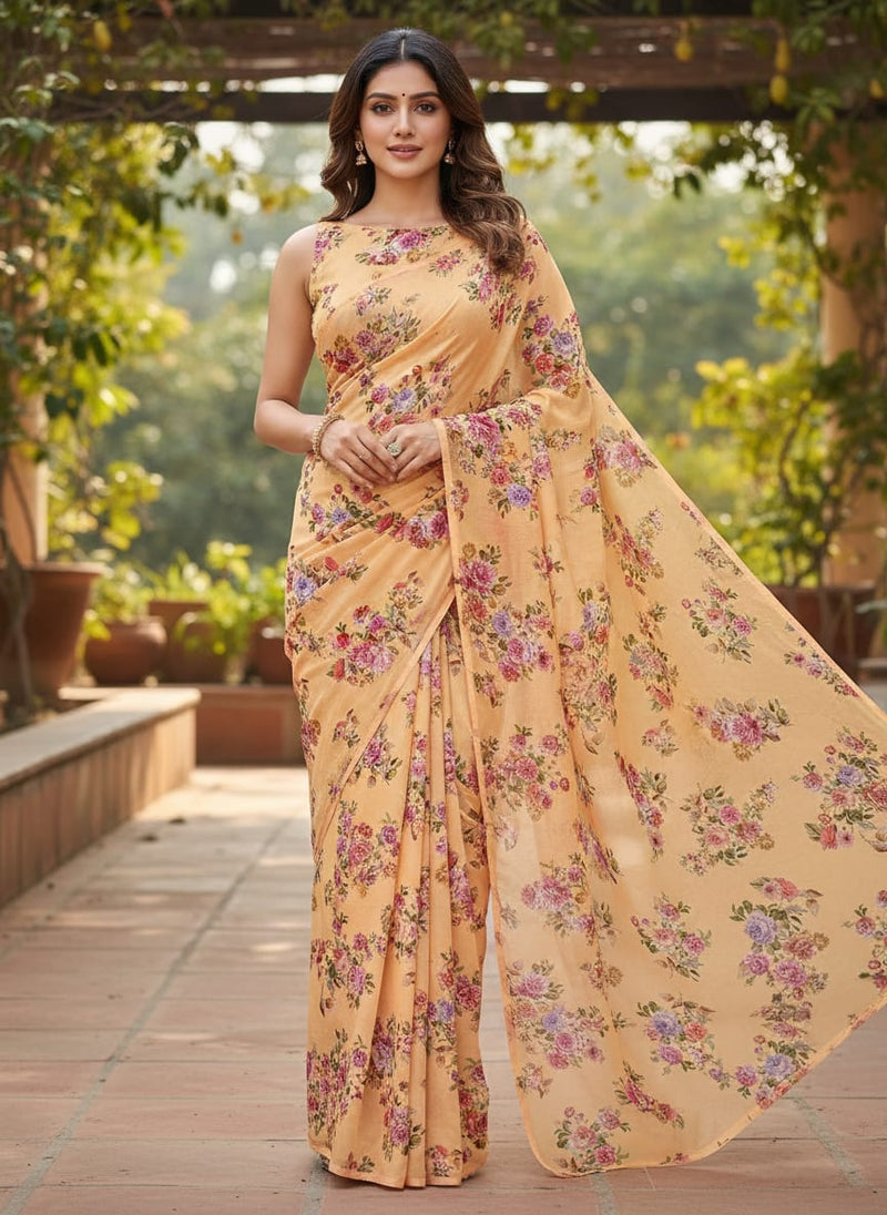 Apricot Light Watercolour Flower Digital Printed Fabric - Silk Crepe