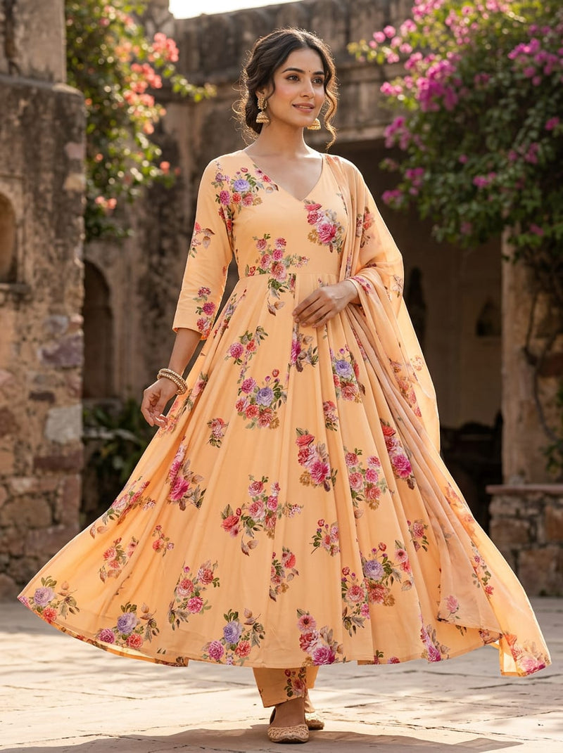Peach Painterly Floral Bouquets Silk Crepe Digital Printed Fabric