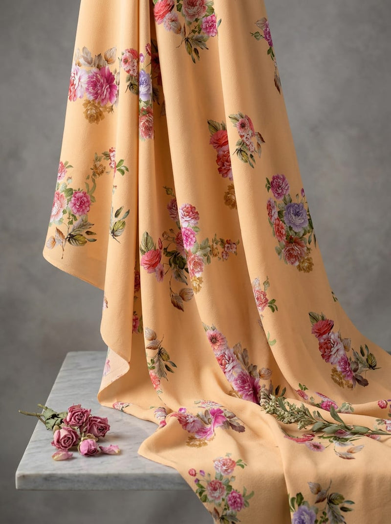 Peach Painterly Floral Bouquets Silk Crepe Digital Printed Fabric