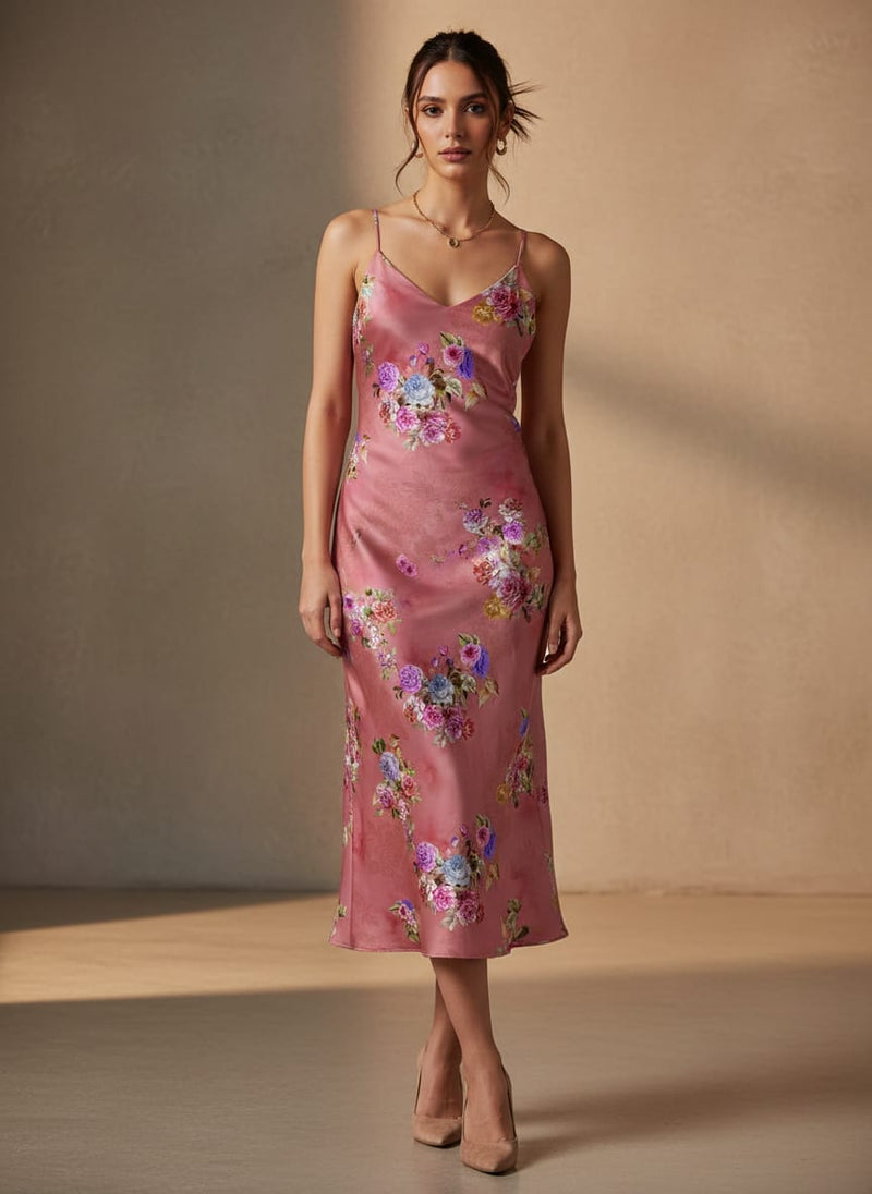 Dusky Pink With Zinnia Flower Digital Printed Fabric - Japan Satin