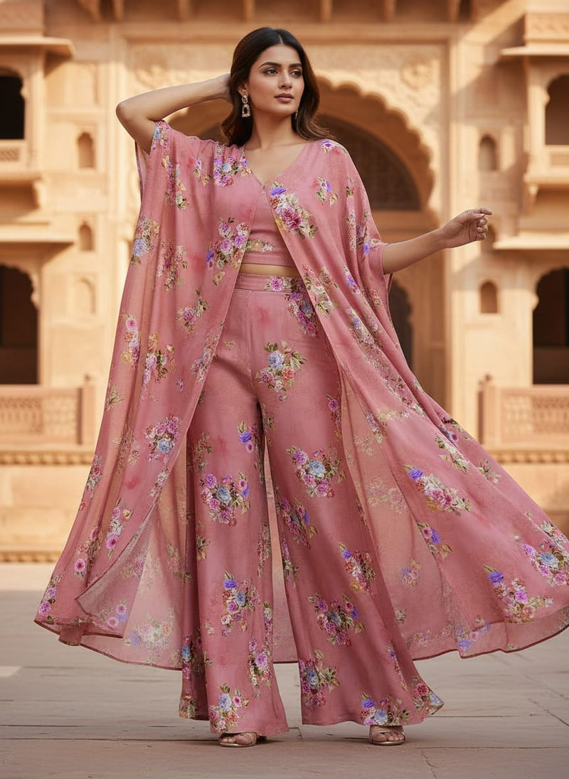 Dusky Pink With Zinnia Flower Digital Printed Fabric - Japan Satin