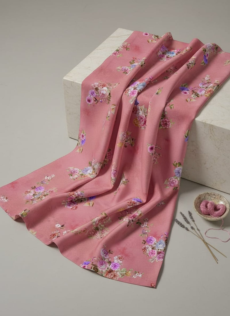 Dusky Pink With Zinnia Flower Digital Printed Fabric - Japan Satin