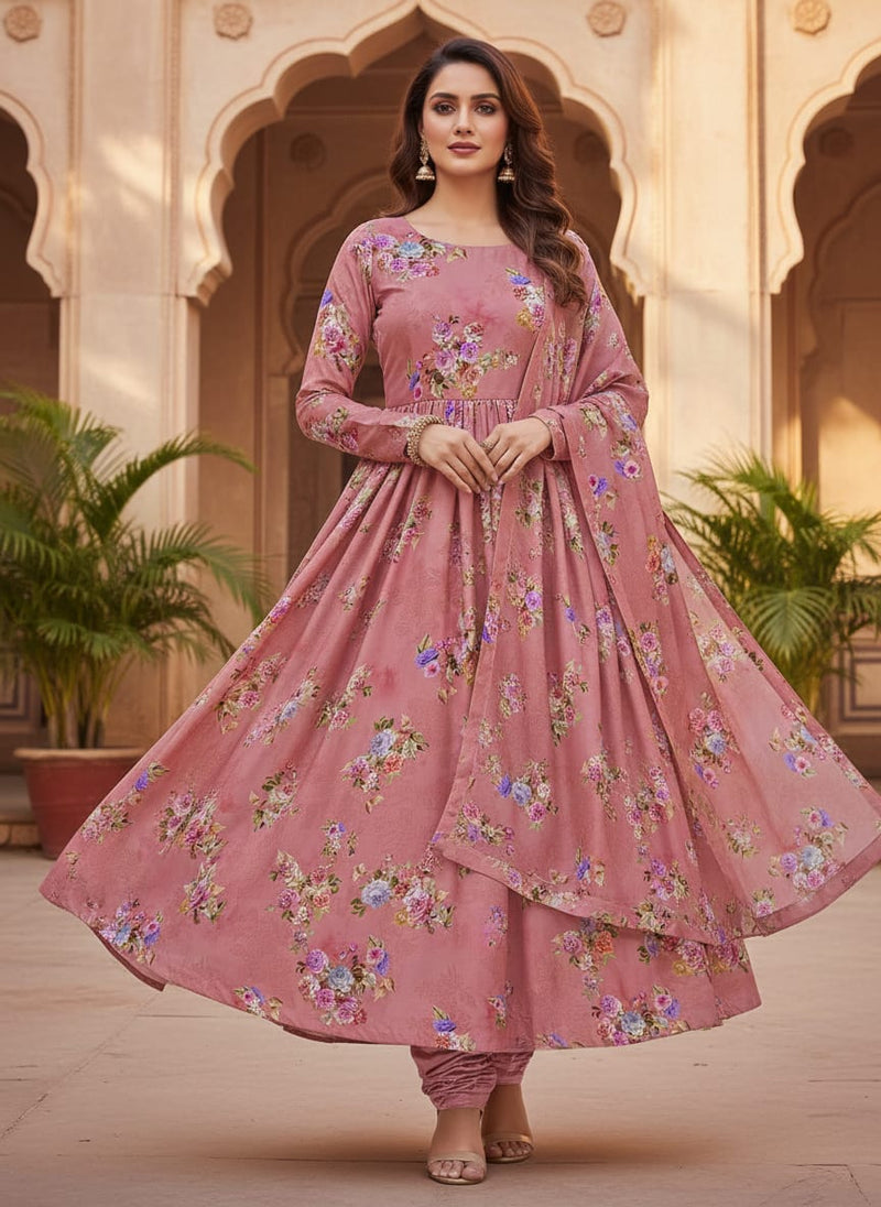 Dusky Pink With Zinnia Flower Digital Printed Fabric - Japan Satin