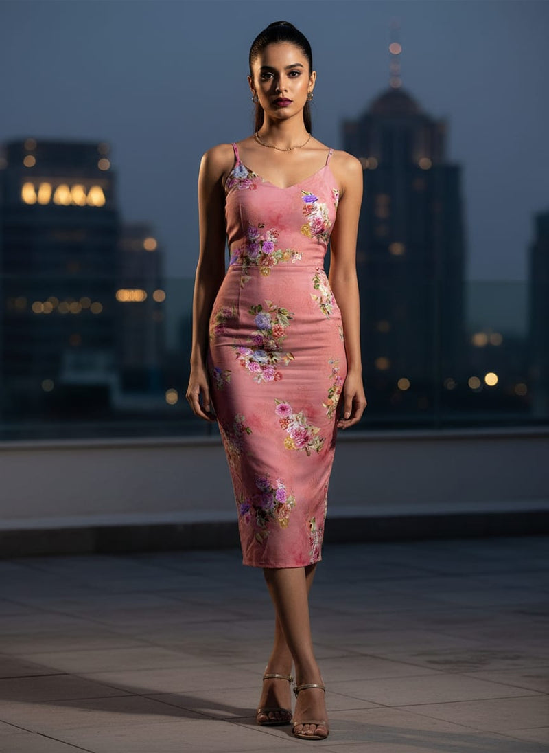 Dusky Pink With Zinnia Flower Digital Printed Fabric - Silk Crepe
