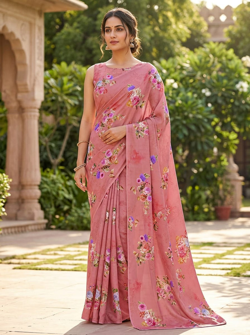 Pink Vintage Floral Bouquets Silk Crepe Digital Printed Fabric