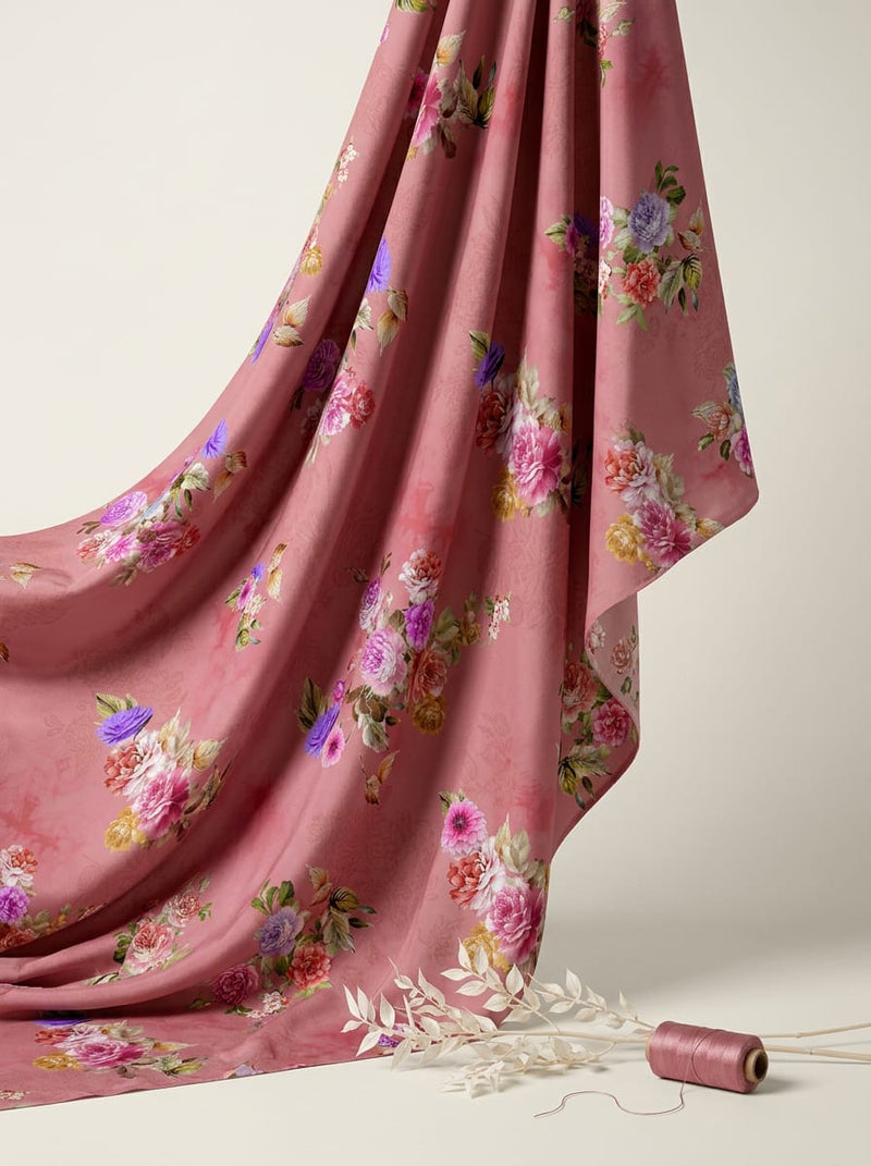 Pink Vintage Floral Bouquets Silk Crepe Digital Printed Fabric