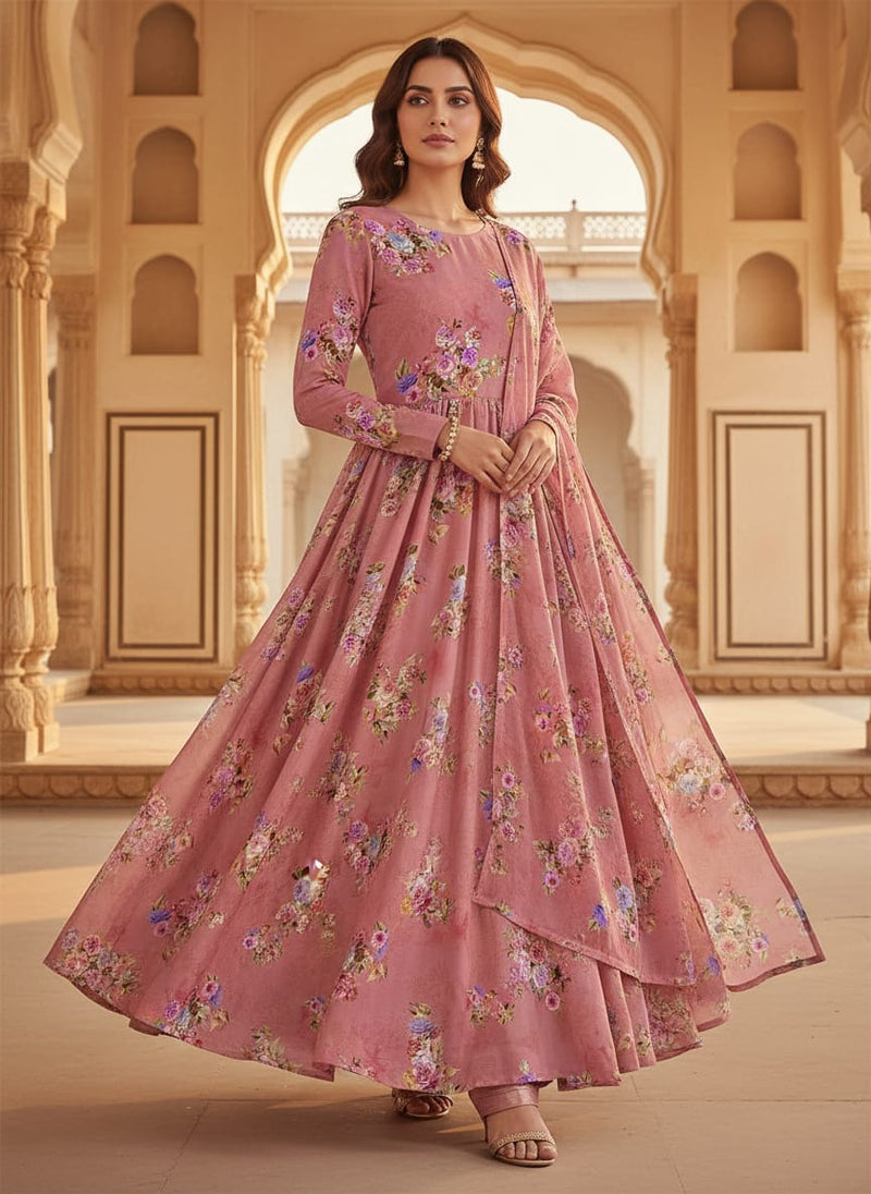 Dusky Pink With Zinnia Flower Digital Printed Fabric - Silk Crepe