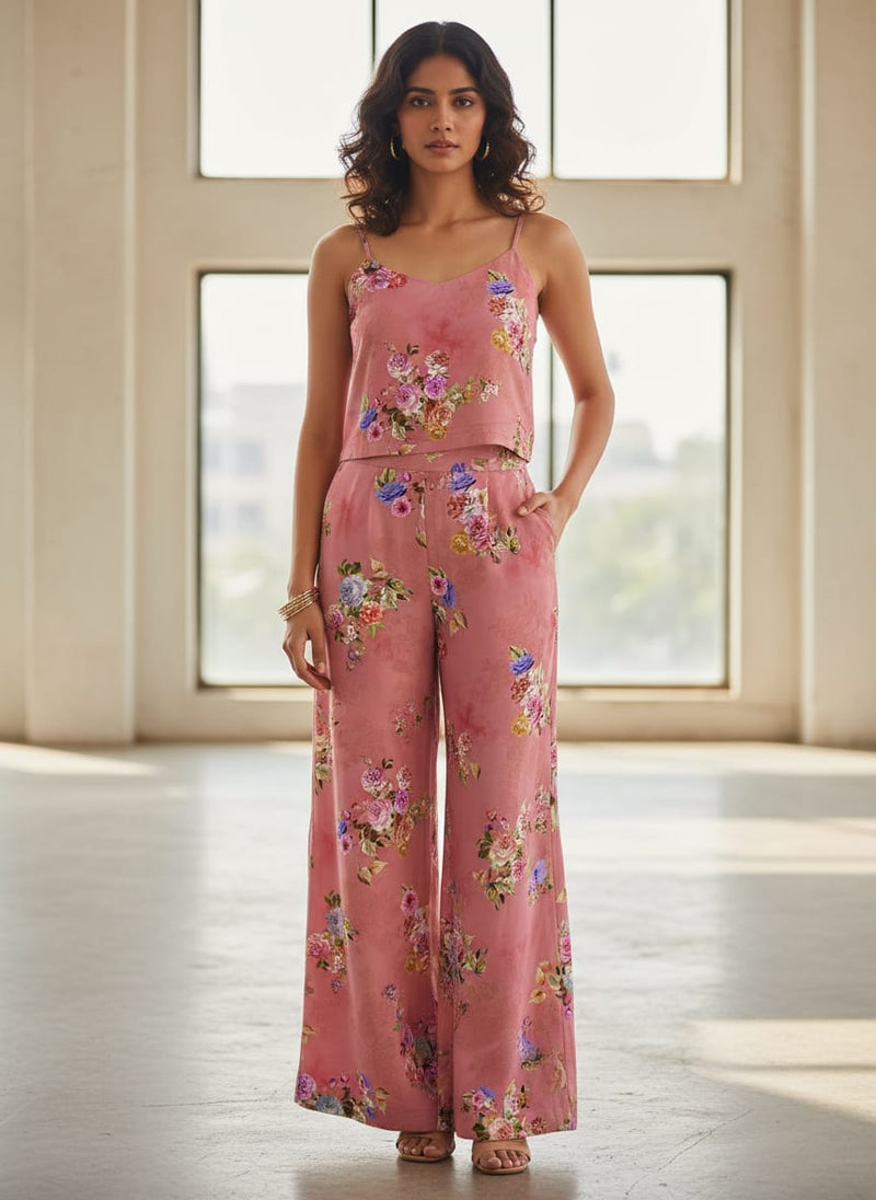 Dusky Pink With Zinnia Flower Digital Printed Fabric - Cotton